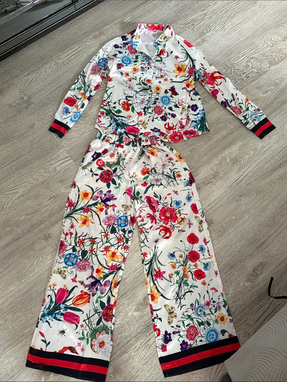 White Floral Two-Piece Set with Multicolor Garden Print